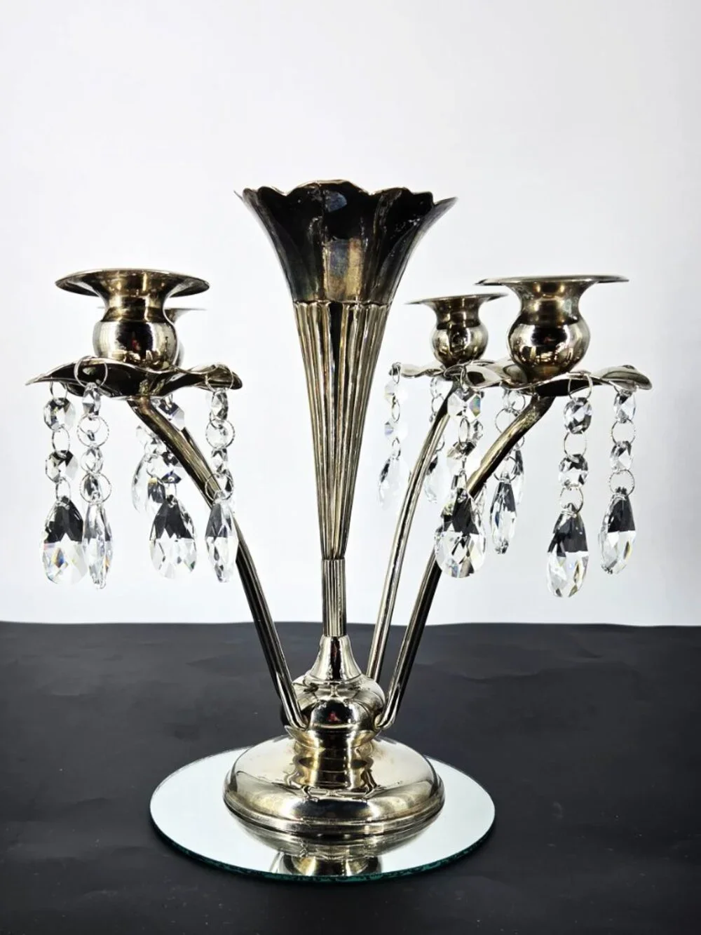 70s Silverplate Epergne 4 Arm Candelabra Trumpet Vase Crystals Japan Silversmith